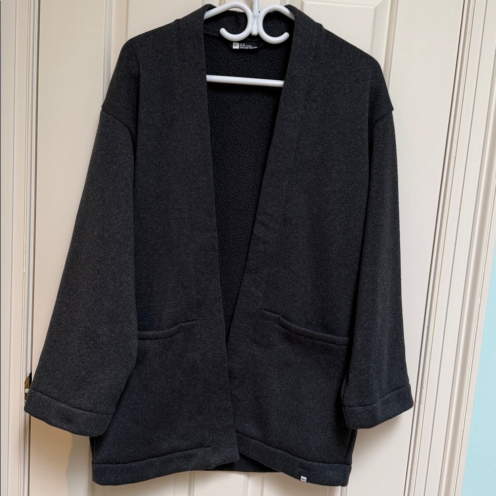 MEC sz M long open cardi w polar fleece inside - black gray blend - front pkts